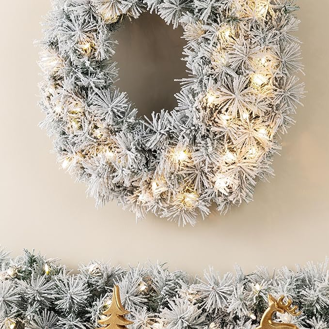 Glitzhome Pre-Lit Christmas Wreath with Lights for Front Door Wall Window Xmas Decor, Snow Flocked 24" D