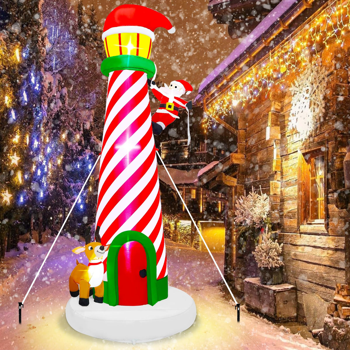 Lulu Home 10FT Christmas Inflatable Decoration, Giant Lighted Lighthouse Blowups with Santa and Reindeer, Air-Blown Ornaments with Storage Bags for Xmas Winter Yard Lawn Garden Outdoor Decor