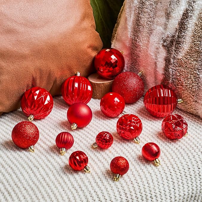 JORNOY Christmas Tree Ornaments Set, 47 Pack Assorted Shatterproof Hanging Balls Decorations, Plastic Bulbs Bulk with Lanyard for Home Holiday Party Decor, 3-Sizes (Red)