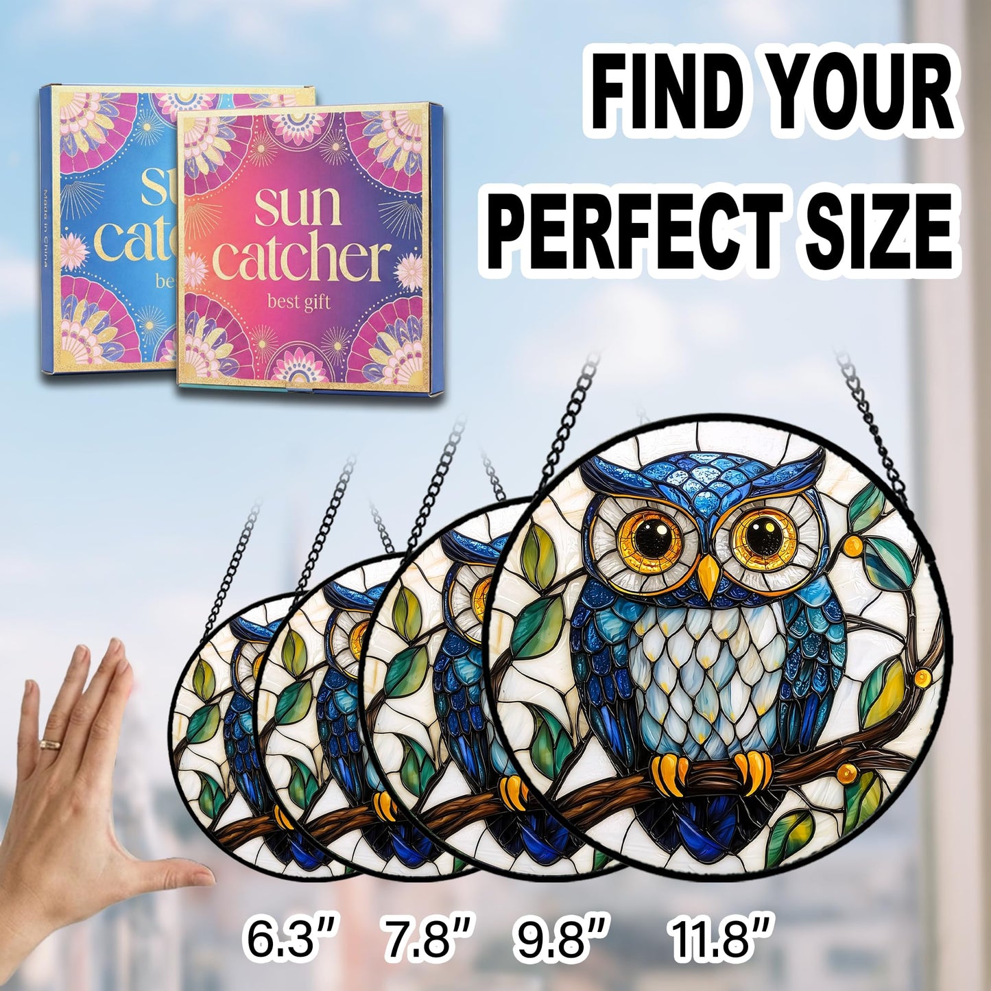 Owl Gifts for Mom - Blue Owl Faux Stained Glass Window Hanging Sun Catcher for Door Garden Acrylic Decor Mother's Day Christmas Birthday Gift for Bird Lovers Women Nana Men Grandma Wife Dad 7.8"