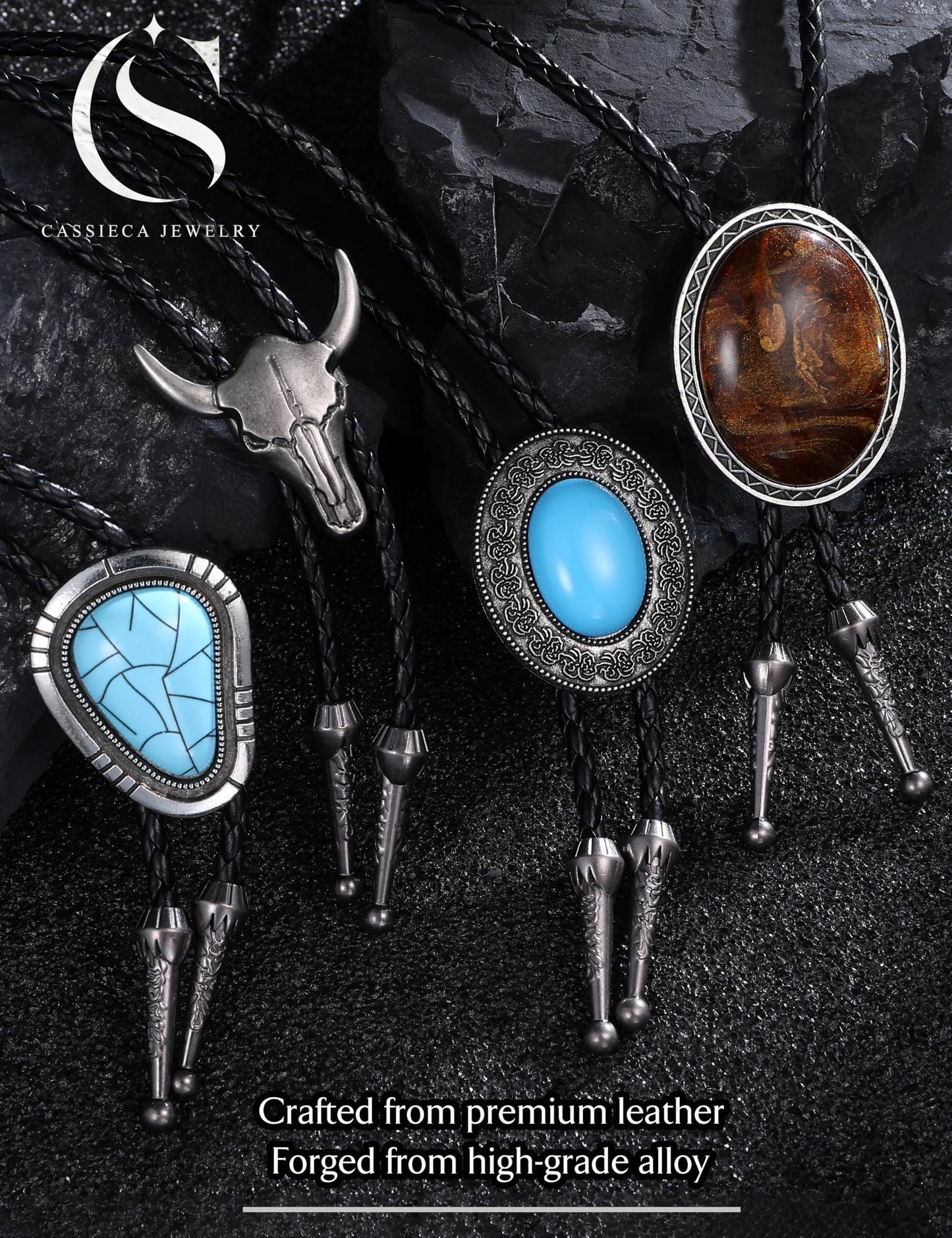 CASSIECA 4Pcs Handmade Bolo Tie for Men Western Cowboy Leather Necktie Halloween Costume Accessories for Men Women