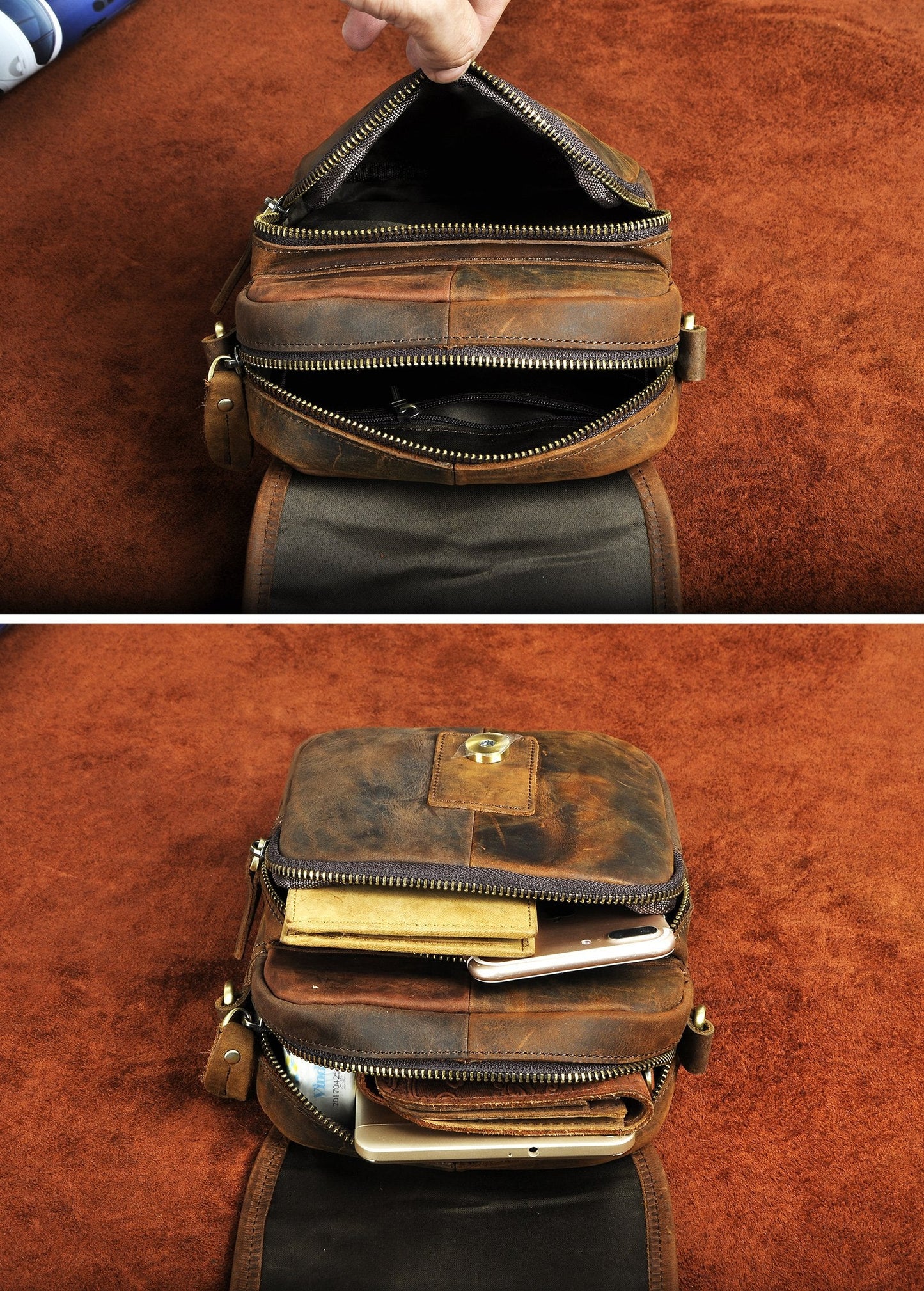 Le'aokuu Men Leather Fashion Mini Messenger Crossbody Bag Designer Hook Organizer Waist Hip Bum Belt Bag Pack (0 1168 brown)