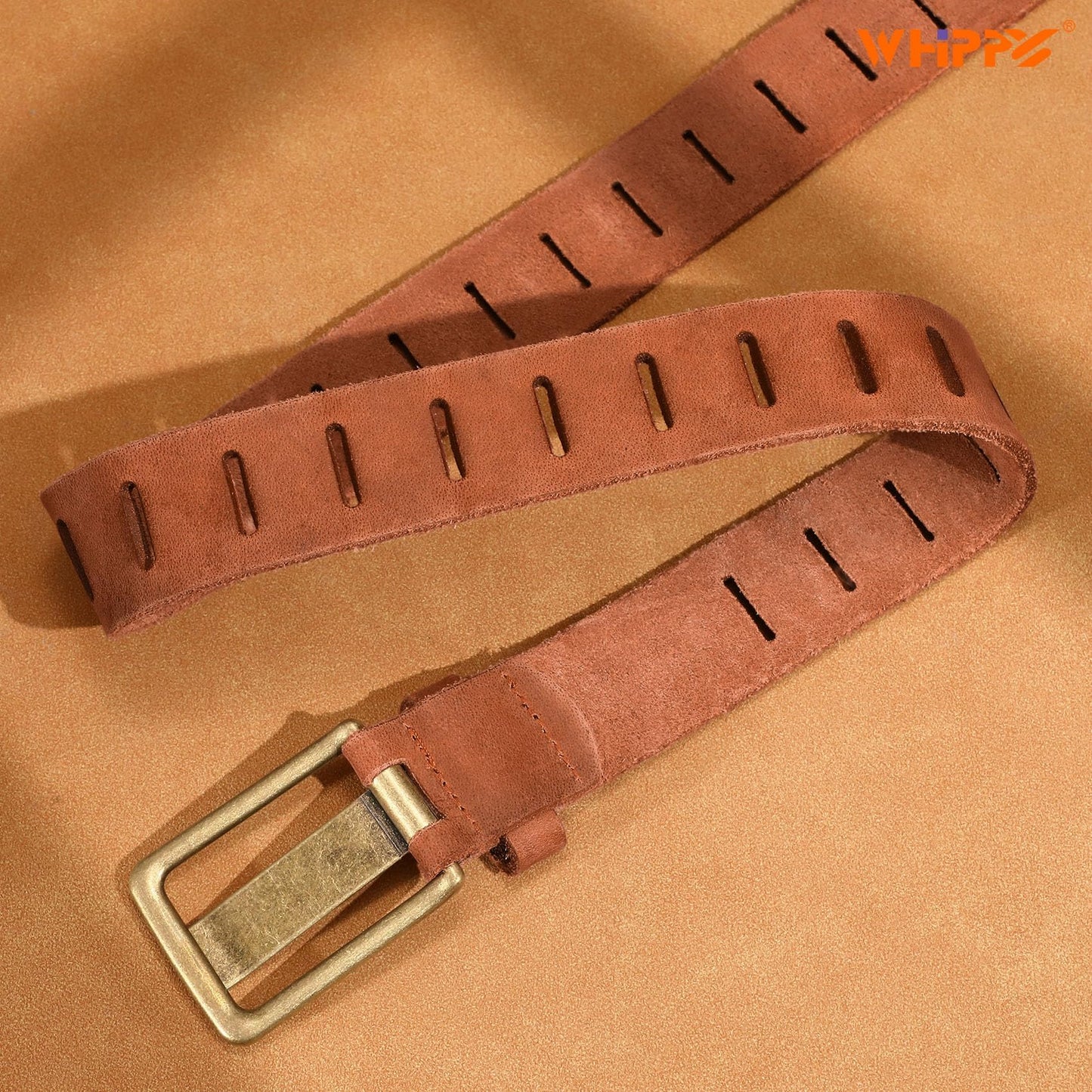 WHIPPY Genuine Leather Belt for Women Western Belt for Jeans with Vintage Gold Buckle & Full-Hole Strap, 1.5" Wide, Brown, S