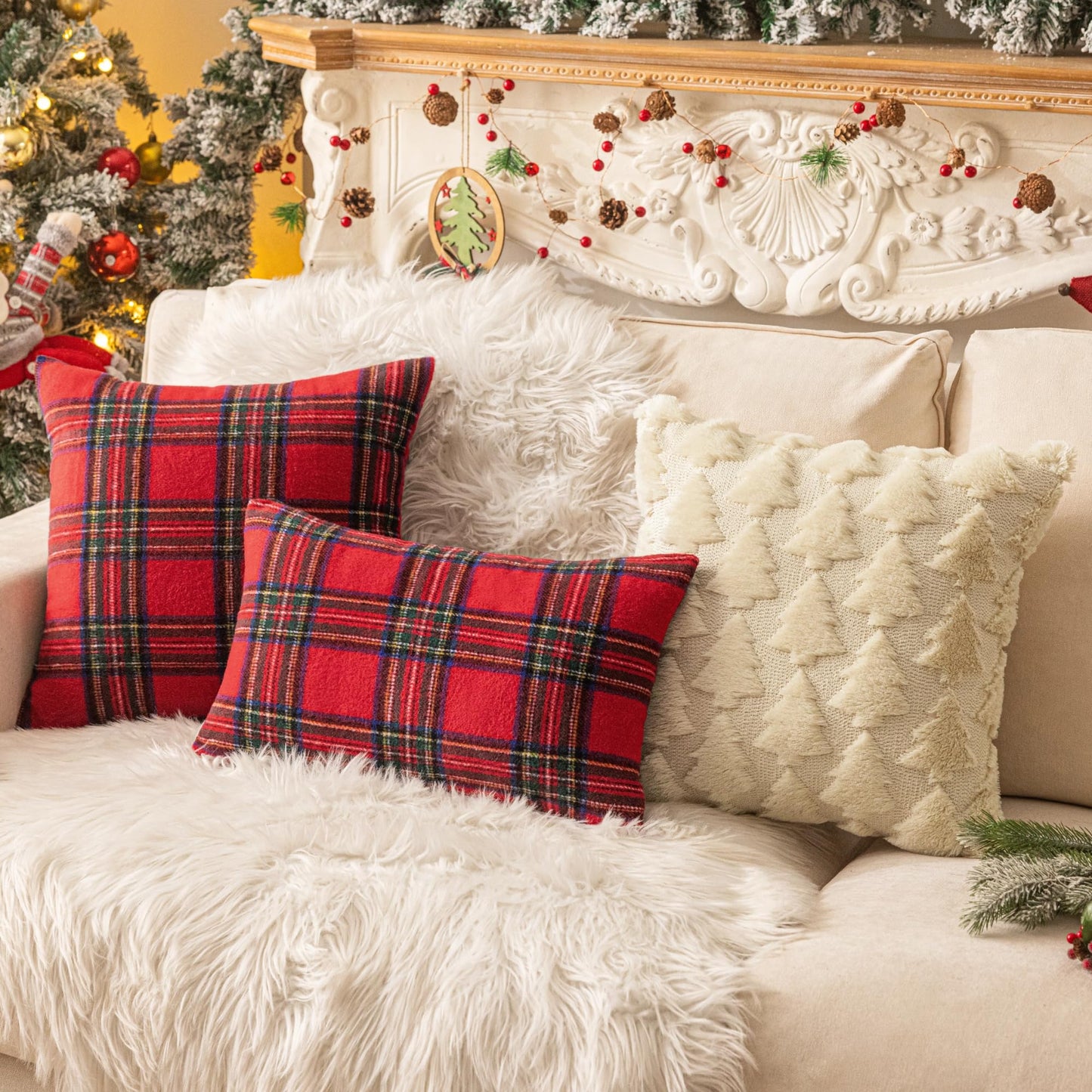AQOTHES Christmas Plaid Throw Pillow Covers Set of 2 Scottish Tartan Winter Farmhouse Cushion Cover for Couch Sofa Bed Porch Home Holiday Decor Red 20 x 20 Inch