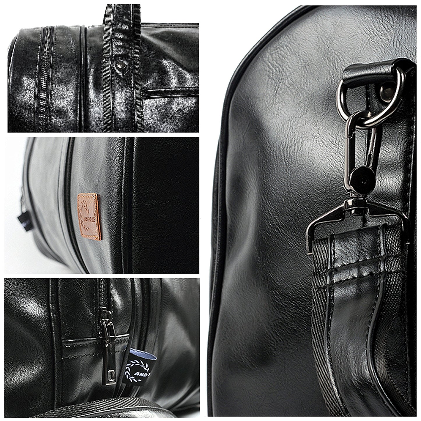 Leather Travel Bag with Shoe Pouch, Waterproof Weekender Overnight Bag, Carry On Duffel Bag for Men Women-Black
