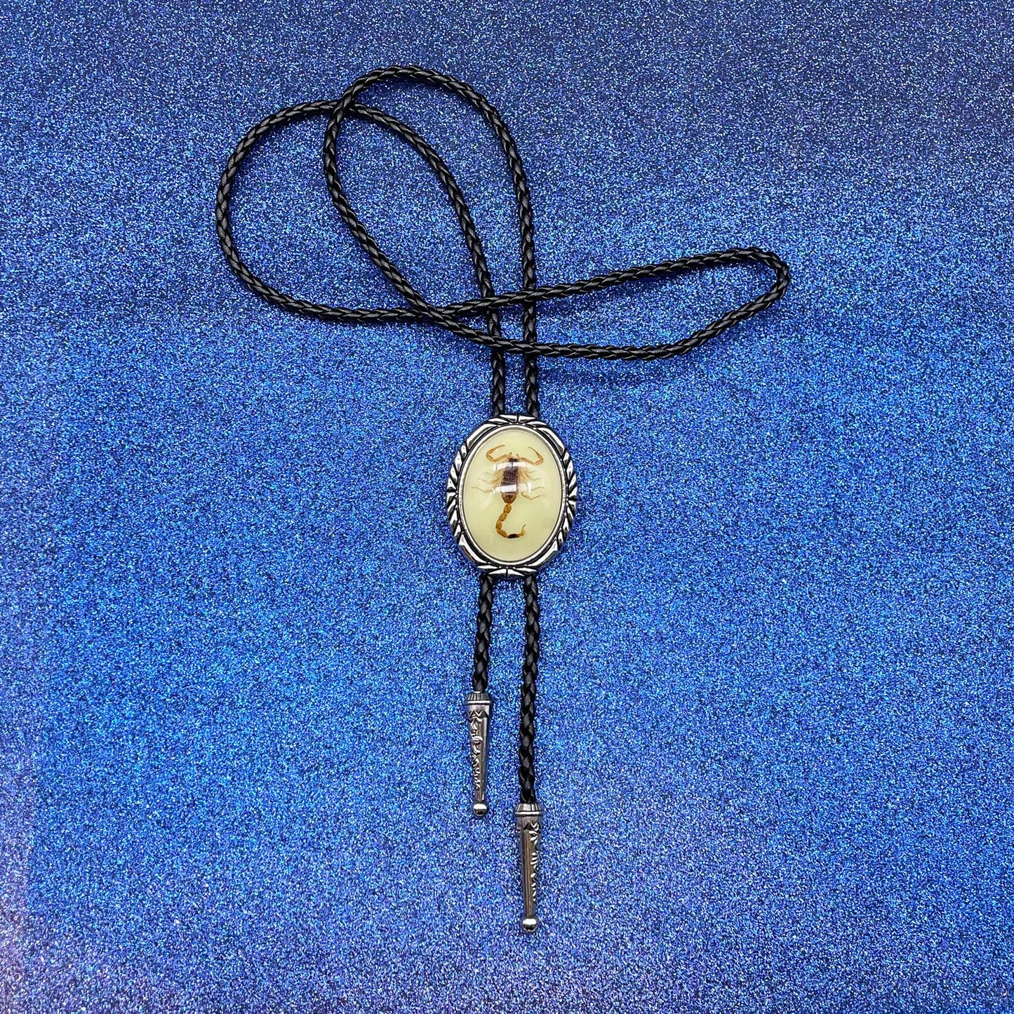 JPJZY BRBAM Minimalist Style Natural Stone Bolo Tie Oval Gemstone Pendant with Striped Border Leather Necktie for Men and Women Scorpion Luminous