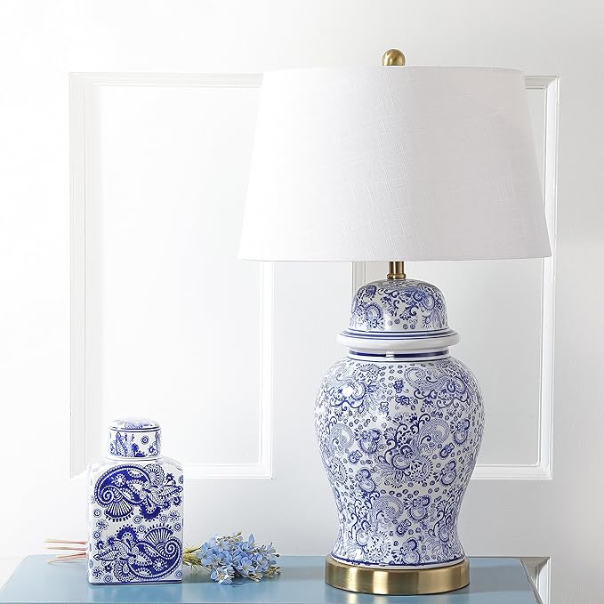 JONATHAN Y JYL3008A Ellis 29.5" Ceramic LED Table Lamp Traditional Bedside Desk Nightstand Lamp for Bedroom Living Room Office College Bookcase LED Bulb Included, Blue/White