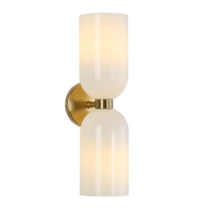 Minimalist 2-Light Gold Wall Sconces with Cylinder Glass Shades- Mid Century Vanity Wall Double Lights Hardwired- Modern Indoor Glass Wall Mounted Art Decor Lights (Milky White, 1 Pack)