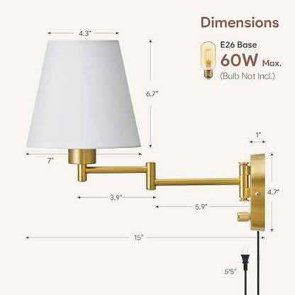 VONLUCE Wall Sconce Set of 2, Plug in & Hardwired Swing Arm Wall Lamps, Adjustable Wall Mounted Lighting Fixtures, Modern Wall Lights with Golden Base White Fabric Shade for Bedside, Hallway, Study