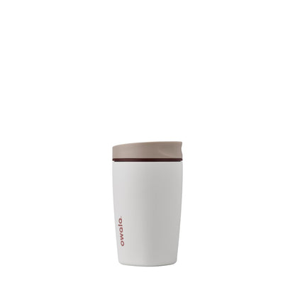 Owala SmoothSip Slider Insulated Stainless Steel Coffee Tumbler, Reusable Iced Coffee Cup, Hot Coffee Travel Mug, BPA Free 12 oz, Tan/White (Vanilla Bean)