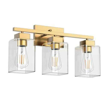 PARTPHONER 3-Light Bathroom Light Fixtures, Brushed Gold Modern Vanity Lights, Bathroom Lighting Fixtures Over Mirror, Square Design Farmhouse Wall Sconces with Clear Glass Shades