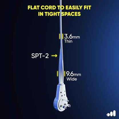 Maximm 360 Rotating Flat Plug Extension - 50ft Flat Cord, Slim Space-Saving Design (White)