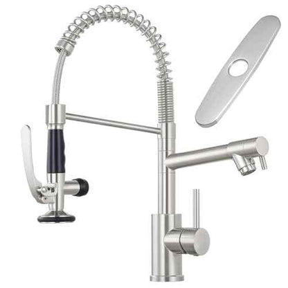 Commercial Kitchen Faucet with Pull Down Sprayer, Stainless Steel Kitchen Sink Faucet with Deck Plate, Single Handle Spring Kitchen Faucets (Brush Nickel)