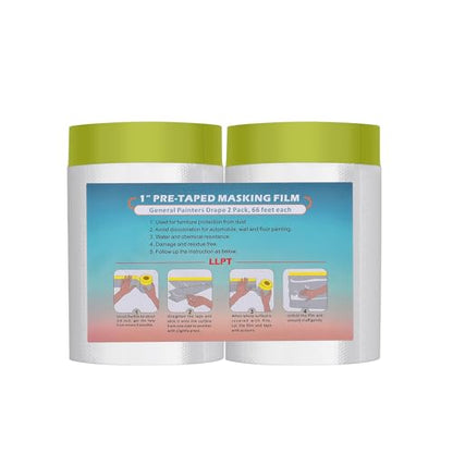 LLPT Tape and Drape 25.6¡±(Unfolded) x 66 Ft Each 2 Pack Pre-Taped Masking Film 0.31 Mil Painters Plastic Drop Cloth for Auto Wall Furniture Painting Protection (MFTG620)