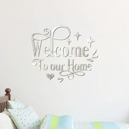 INCAUCA Welcome to Our Home Wall Decor Sticker, Home Acrylic 3D Mirror Wall Decal, Removable Art Letter Sign, Wall Door Quote Decoration DIY for Living Room Bedroom Sofa TV Background (Silver)
