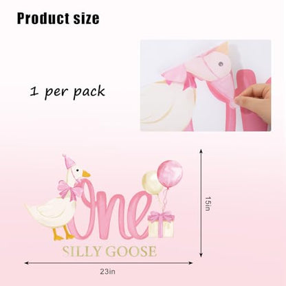 One Silly Goose Party Decal Sign Pink First Birthday Wall Sticker Pink Bow Goose Sweet Party Backdrop Photo Prop for 1st Girl Birthday Balloon Arch