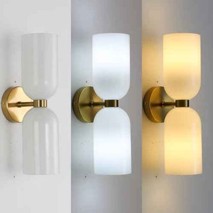 Minimalist 2-Light Gold Wall Sconces with Cylinder Glass Shades- Mid Century Vanity Wall Double Lights Hardwired- Modern Indoor Glass Wall Mounted Art Decor Lights (Milky White, 1 Pack)