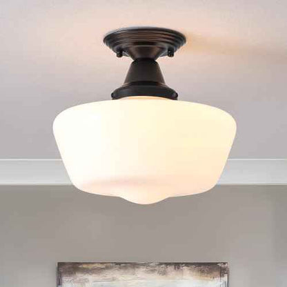Schoolhouse Light Fixture, 12 Inch Black Finish with Milk Glass Semi Flush Mount Ceiling Light, Ceiling Light Fixture for Kitchen Hallway Entryway