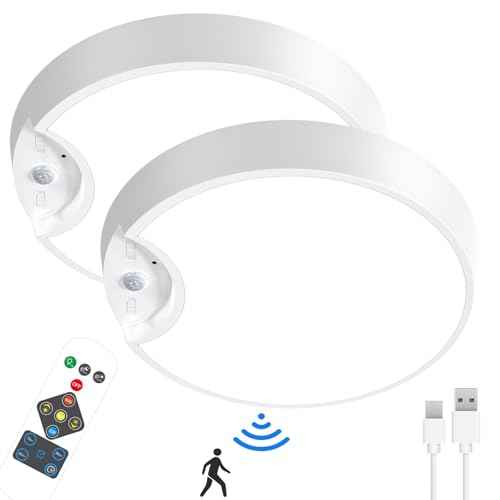 TOOWELL Rechargeable Motion Sensor Light with Remote, Battery Operated Ceiling Light 8000mAh, Wireless Motion Activated Light Indoor for Closets Shower Pantry Stairs Hallway 2 Pack