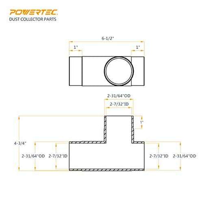 POWERTEC 70180V 2-1/2-Inch Dust Collection T-Fitting, 1 PK