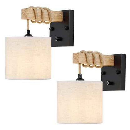 Boho Wall Sconces Set of Two, Hardwired Farmhouse Fabric Wall Lamps with Wooden Arm & On/Off Dimmable Switch,Rustic Indoor Wall Mount Light Fixtures for Bedroom Nursery Living Room Bathroom