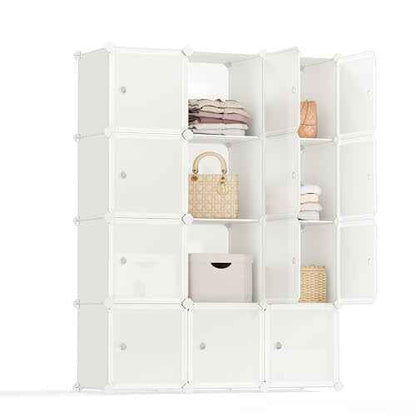SONGMICS Cube Storage Organizer, Set of 12 Plastic Cubes, Closet Storage Shelves, DIY Plastic Closet Cabinet, Modular Bookcase, Shelving with Doors for Bedroom, Living Room, Cream White ULPC342W02
