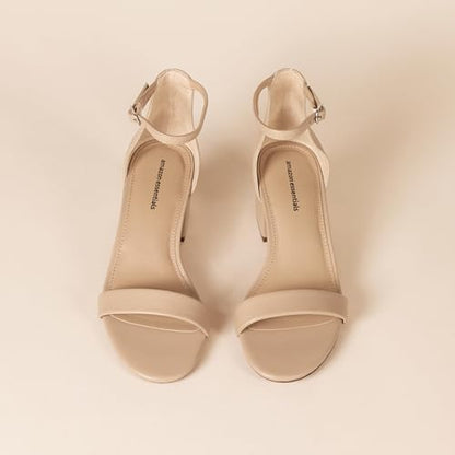 Amazon Essentials Women's Two Strap Heeled Sandal, Beige Faux Leather, 5