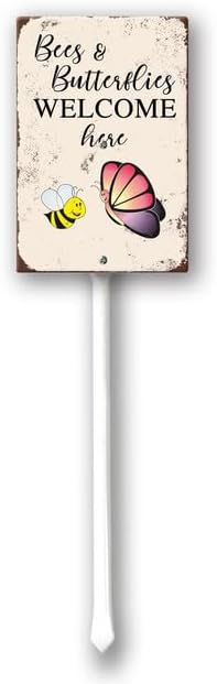 Uptell Bees Butterflies Welcome Here Yard Signs with Stakes Aluminum Sign for House/Front Door and Business Outdoor Decoration 7x8.8 Inch