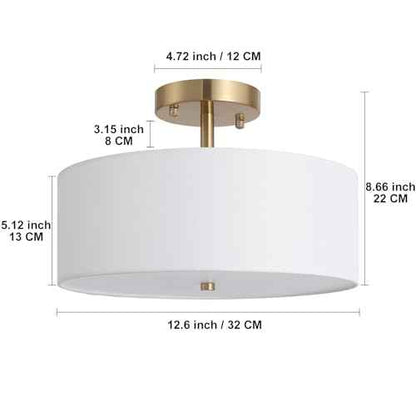 12.6" Semi Flush Mount Ceiling Light Fixture, 3 Light Gold Drum Light Fixtures with White Fabric Shade, Modern Close to Ceiling Lighting for Living Room, Bedroom, Hallway, Entry, Foyer