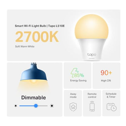 Tapo TP-Link Smart Light Bulbs - Natural Daylight, Dimmable, Compatible w/Alexa and Google Home, A60 Bulb/E27 Base, 60W Equivalent, 800LM CRI>90, 2.4GHz WiFi Only, No Hub Required, L520E(4-Pack)