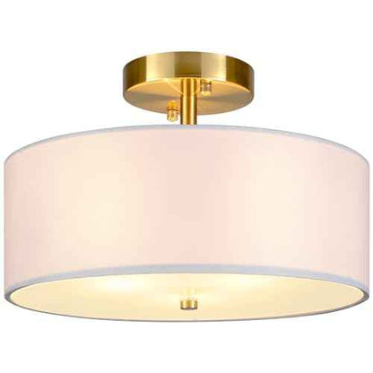 12.6" Semi Flush Mount Ceiling Light Fixture, 3 Light Gold Drum Light Fixtures with White Fabric Shade, Modern Close to Ceiling Lighting for Living Room, Bedroom, Hallway, Entry, Foyer