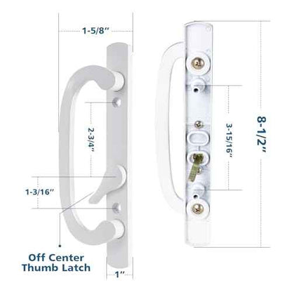 Keyed Sliding Patio Door Handleset, 45¡Æ Keyway, 3-15/16" H.C., Fits 1-3/8" to 2" Thick Doors, Non-Handed, White Diecast, Offset Position with Mortise Lock and Keeper£üOff Center Thumb Latch