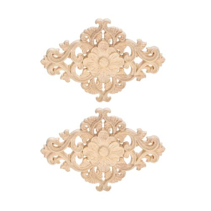 Wood Carved Appliques, 2Pcs Wooden Decorative Onlays, MUXSAM Unpainted Furniture Center Decals for Cabinet Dresser Bed Door Wall Wardrobe Ceiling Decoration Home DIY Project, 15x10.5cm/5.9"x4.13"