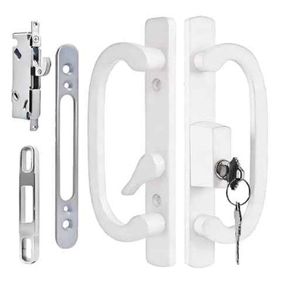 Offset Sliding Patio Door Handle Set with Mortise Lock & Keys | 45¡Æ Keyway | Fits 1-3/8" to 2" Doors | 3-15/16" Hole Spacing | Zinc Alloy | Non-Handed | Matte White Diecast