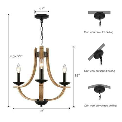 Farmhouse Chandelier for Dining Room 3-Light 19" Wide Adjustable Kitchen Island Pendant Lighting, Rustic Hanging Light Fixture for Entryway Foyer Bedroom Living Room,