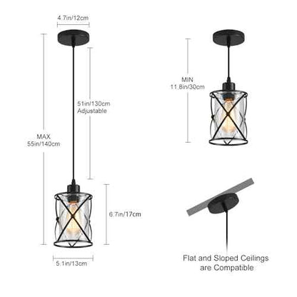 3-Lights Industrial Pendant Light with Glass Shade Matte Black Pendant Lighting Adjustable Industrial Retro Style Hanging Light Fixture for Kitchen, Farmhouse