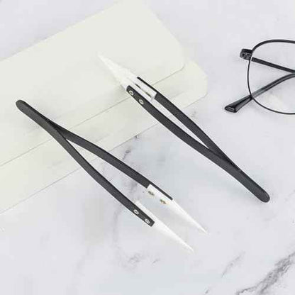 2pcs Ceramic Tweezers Stainless Steel Ceramic Precision Tweezers for Electronics, Non-Conductive Anti Static High Temperature Resistant Fine Point Tweezers for Precision Electrical Operation Black