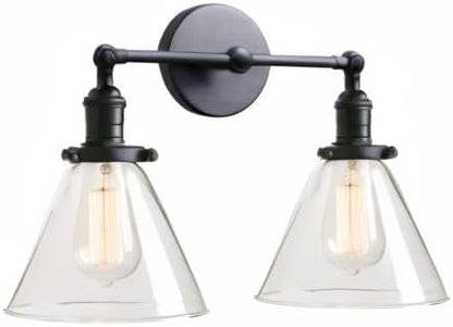 PERMO Double Sconce Vintage Industrial 2-Lights Sconce Antique Wall Sconces with Funnel Flared Glass Clear Glass Shade Vanity Light for Bathroom (Matte Black)