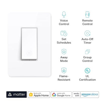 Kasa Matter Smart Light Switch: Voice Control w/Siri, Alexa & Google Assistant, UL Certified, Timer & Schedule, Easy Guided Install, Neutral Wire Required, Single Pole, 2.4GHz Wi-Fi, 3-Pack