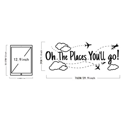 SUPERDANT Black PVC Travel Wall Stickers Oh The Places You Will Go Vinyl Wall Decor Inspirational Motivational Quotes Decals for Home Bedroom Office Decoration School Dormitory Decor 30x11.4in