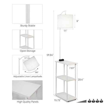 Floor Lamp with Table, Narrow Side Table with USB-A/USB-C Charging Station and AC Port, 3 Color Temperatures 12W LED Bulb, End Table for Bedroom, Living Room and Home Office, White
