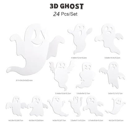 24Pcs Halloween Ghost Wall Decor 3D Stickers Decals Decorations Reusable Self-Adhesive Cute White Spooky Decals for Home Window Door Room Party Supplies