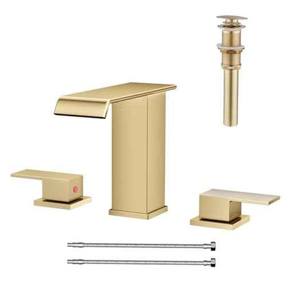 Waterfall Bathroom Faucet 3 Hole, Brushed Gold 8 Inch Widespread Modern 3 Piece Bathroom Sink Faucets & Parts, Touch On Lavatory Faucet for Bathroom Vanity
