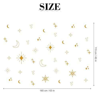 Large Gold Star Moon and Sun Wall Decal, Vinyl Starburst Wall Stickers Decor, Boho Wall Decals Peel and Stick for Kids Bedroom Home Nursery Classroom Decoration