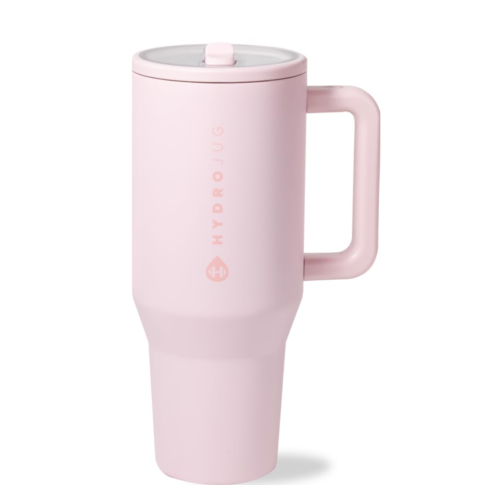 HydroJug Traveler - 32 oz Water Bottle with Handle & Flip Straw - Fits in Cup Holder, Leak Resistant Tumbler-Reusable Insulated Stainless Steel & Rubber Base - Gifts for Women & Men, Pink Sand