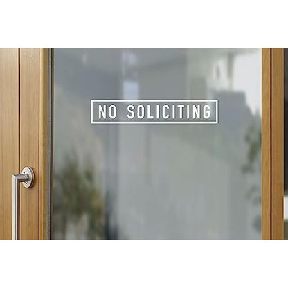 Premium White Vinyl Decal 13x3 inches: No Soliciting On the Inside of Storefront Window and Door- Elegant Front Door Greeting, No Salesmen Sticker Inside Attachment