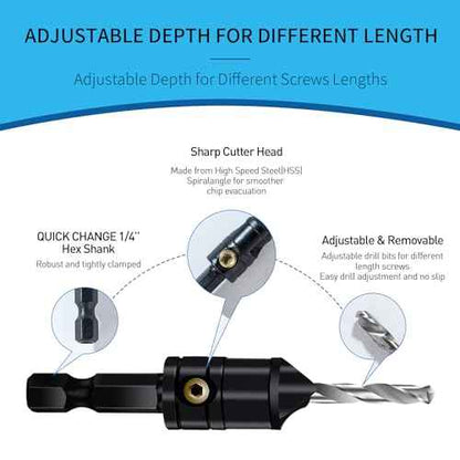Countersink Drill Bit Set 5 pc,3in1 Woodworking Counterbore Hole Drill Bits,Tapered Countersink Bit,Depth Adjustable M2 Pilot Drill Bits, 82-Degree Chamfer, 1/4¡±Hex Shank
