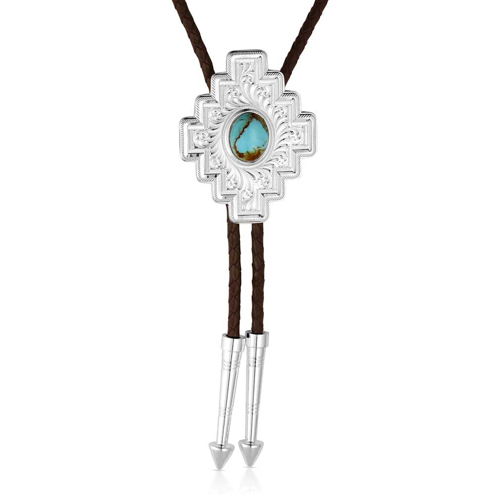 Montana Silversmiths Western Lifestyle Braided Leather Cord Silver Finished Arrow Pointed Tips Southwestern Style Bolo Tie (Santa Fe Turquoise)