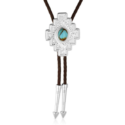 Montana Silversmiths Western Lifestyle Braided Leather Cord Silver Finished Arrow Pointed Tips Southwestern Style Bolo Tie (Santa Fe Turquoise)