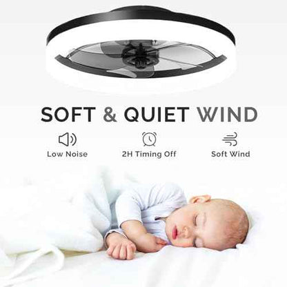19.7 inch Low Profile Ceiling Fan with Lights and Remote, Fandelier Dimmable Ceiling Fan Flush Mount, 3000K-6500K Bladeless LED Fan Light for Bedroom,Dining Room and Kitchen (Black, 1 Pack)
